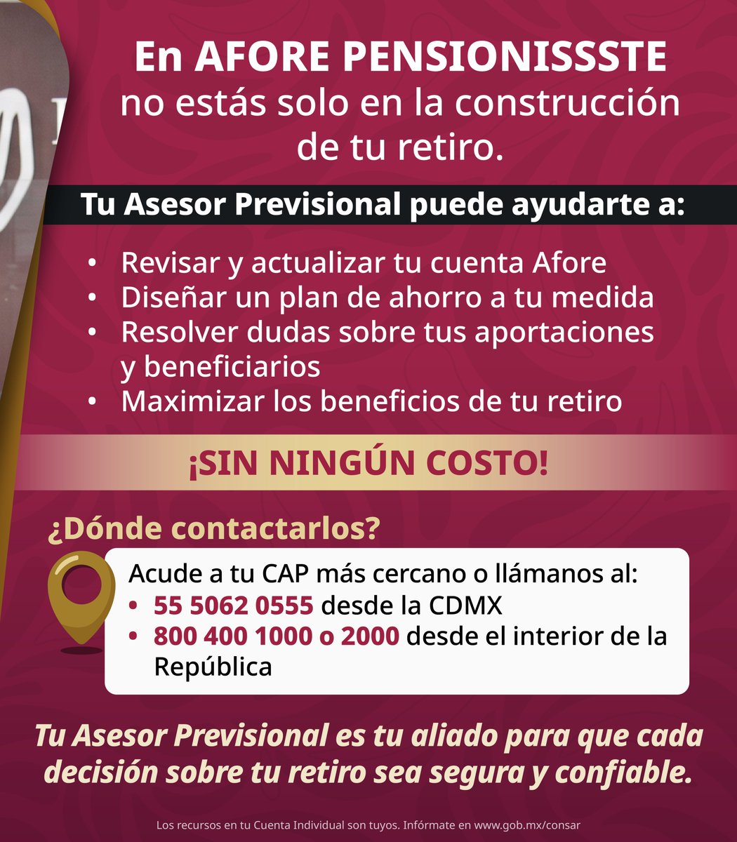 PENSIONISSSTE_'s tweet photo. 💜 No estás solo en el camino hacia tu retiro.

En AFORE @PENSIONISSSTE_ , un Asesor Previsional te brinda orientación y acompañamiento durante tu trayectoria laboral.

✍️ Regístrate aquí 👉 https://t.co/KtVlzqXy6M
Uno de nuestros asesores se pondrá en contacto contigo.

#AFOREPENSIONISSSTE #AsesoríaPrevisional #BienestarFinanciero