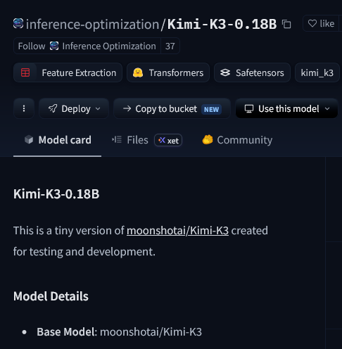 0x0SojalSec's tweet photo. The tiny Kimi-K3 that you can runs locally on a potato hardware.

- 2.8T to 0.18B. 
- 0.10B activated.
- Same architecture.   
- Same new attention design scale.
- Same DNA, smaller version 
- compressed it into a 0.18B version for testing.
- now fits in 700MB.

You can actually load the new Kimi K3 architecture on normal hardware now.