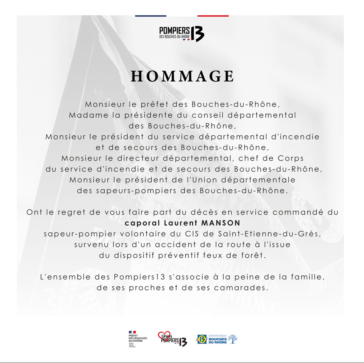 BastionMediaFR's tweet photo. ⚫️🕊️🇫🇷 𝗙𝗟𝗔𝗦𝗛 𝗜𝗡𝗙𝗢 — Un pompier est mort alors qu’il était engagé dans un dispositif de lutte contre les feux de forêt dans les Bouches-du-Rhône.

Le caporal Laurent Manson, âgé de 38 ans, a fait une sortie de route alors qu’il partait ravitailler en carburant un camion-citerne de lutte contre les feux de forêt.

Malgré l’arrivée rapide des secours, il n’a malheureusement pas pu être réanimé.

(Source : BFMTV)