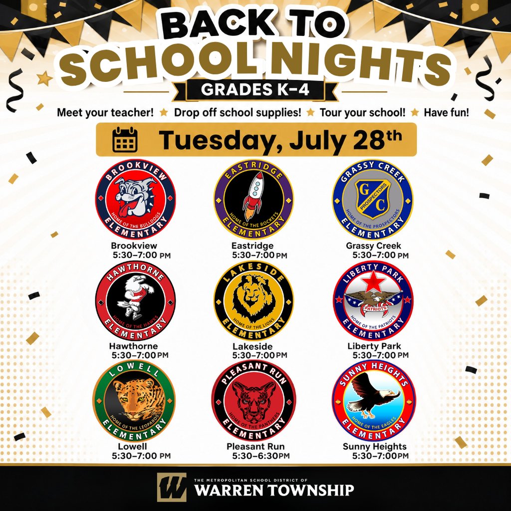 msdwarren's tweet photo. 📚🎉 Back to School Nights are TOMORROW, July 28! Families are invited to meet their teacher, drop off school supplies, tour the school, and kick off an amazing year. Check your school's time and we'll see you there! 🖤💛 #YourJourneyBeginsHere #WarrenWill #PrideOfTheEastside https://t.co/ZiaucxL7S4