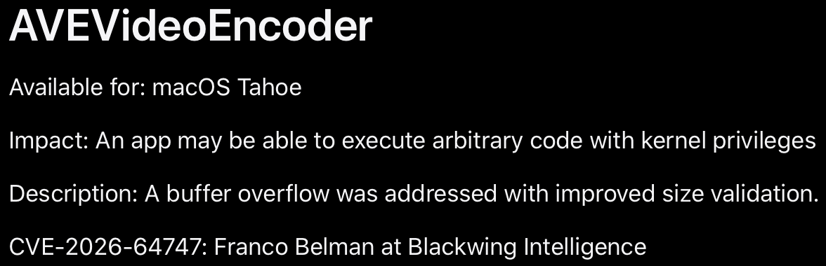 0xFBFBFBFB's tweet photo. Apple credited me today for CVE-2026-64747, a vulnerability in AVEVideoEncoder affecting macOS/iOS. It earned a $60K accelerated bounty after I captured an Apple Target Flag.

Write-up coming soon. https://t.co/VaJeFjyy1P
