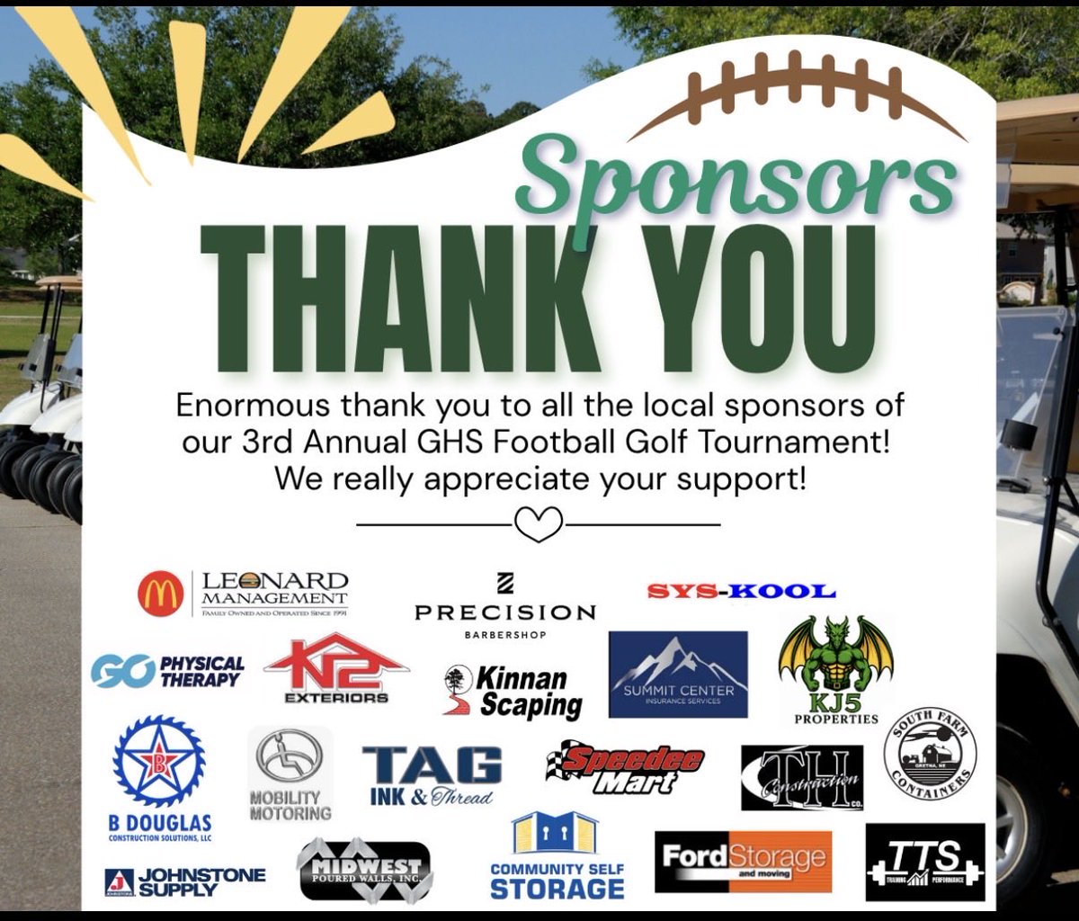 Boosters_Dragon's tweet photo. A great community makes great programs possible.
Thank you to every sponsor who helped make this yearโs Gretna Football Golf Tournament a success. Your support makes a lasting impact on our players and program.
We appreciate you! ๐๐๐
#GretnaFootball #GoDragons https://t.co/VFGjdZaWPF