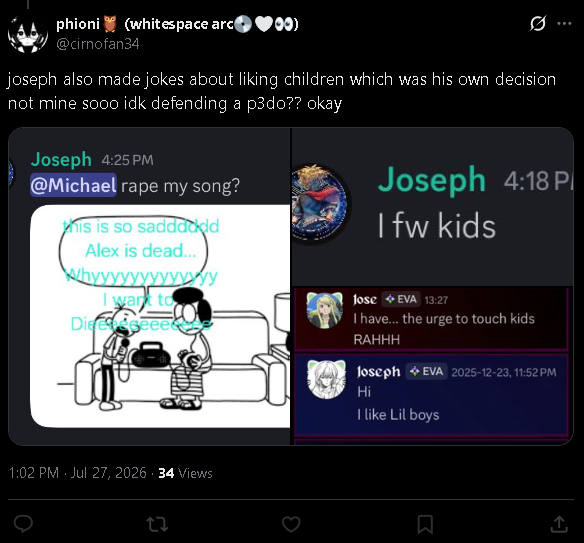 SCT_PLGRM's tweet photo. okay, i just noticed these, and yes, i will admit these are bad, but first of all, half of these ss are old, being from nearly a year ago, and since then Joseph has apologized and has activley been trying to not joke about this stuff (1/2) https://t.co/YNERuUhpWE