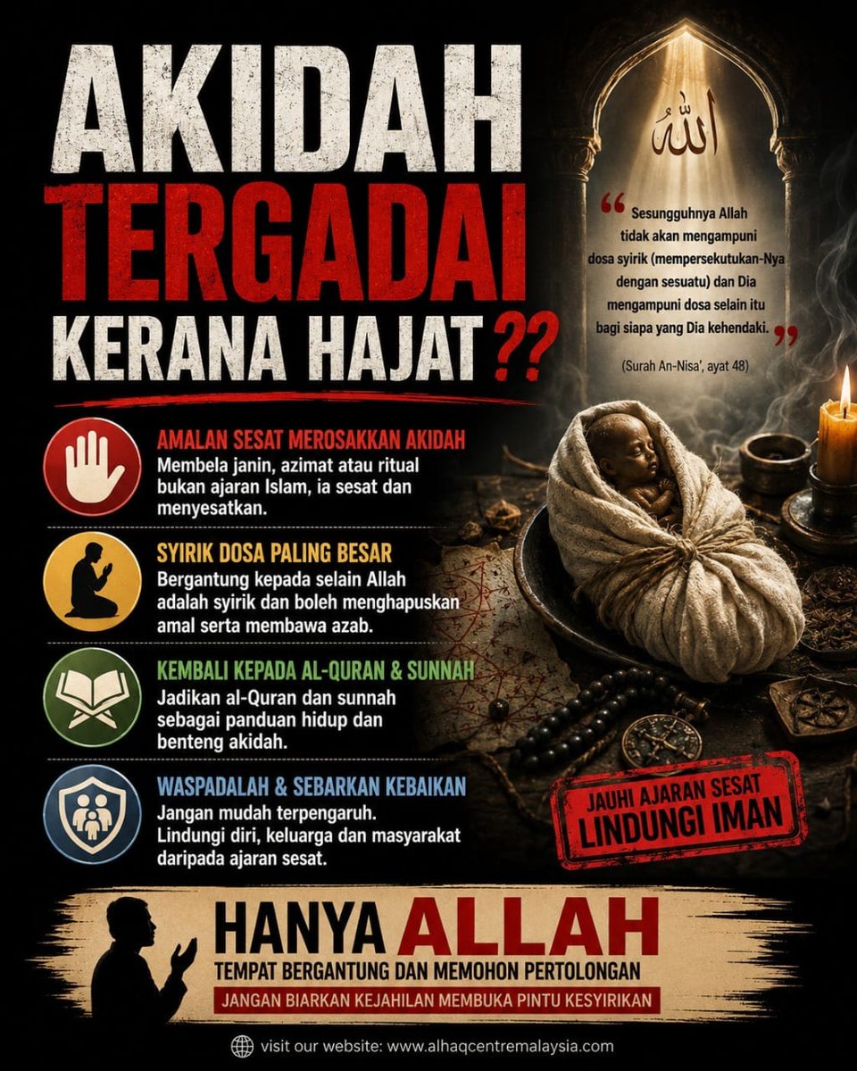 alhaqcentre's tweet photo. AKIDAH TERGADAI KERANA HAJAT??
#ajaransesat
#syirik
#akidah
#janin
#khurafatperjanjiansyaitan
Read more:
https://t.co/dSYRNJnWP5 https://t.co/OfpnpR2okR