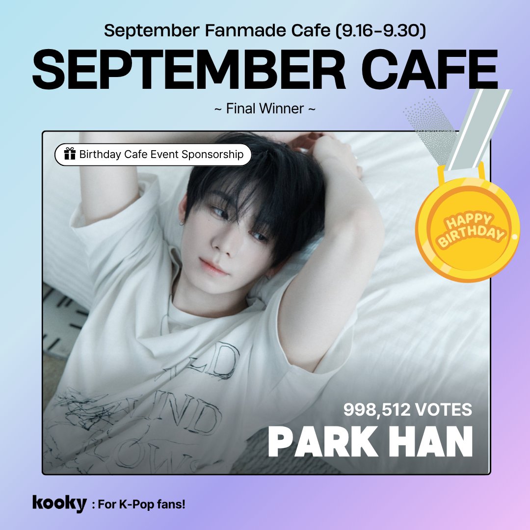 kooky__official's tweet photo. [🥇Winner] September Fanmade Cafe (9.16-9.30)

🎂 #AHOF #PARKHAN
🎁 Birthday Cafe Event Sponsorship

A fanmade birthday café for #아홉 #박한 is coming soon! 💖
If you’d like to host PARK HAN’s birthday café event with Kooky, fill out the form below(~Aug 20):
🔗 https://t.co/ifvSjP1gb3

🎁 #KookyProfile - SS Class
✅ Submit the profile by Aug 20:
🔗 https://t.co/k9ichHgNRD

#KookyCafe #KookyCafe_Sep