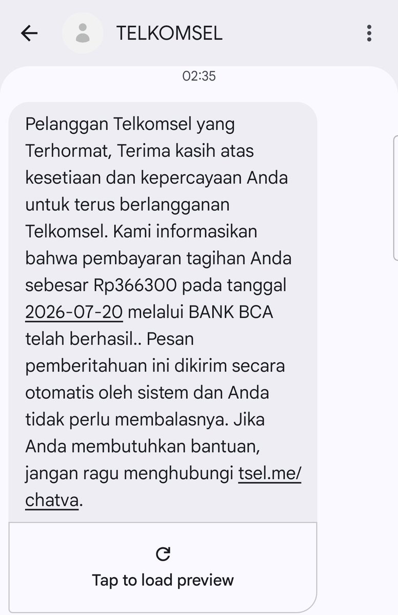 alvinlie21's tweet photo. Mohon penjelasan @Telkomsel 
Apa tujuannya kirim SMS dini hari jam 00:53 &amp;  jam 02:35 ttg tagihan Indihome yg sudah lunas terbayar.
Jatuh tempo 20 Juli.
Hari ini 28 Juli.
Jika belum lunas dibayar pasti semua sudah diblokir.
Apa urgensinya kirim SMS dini hari?
Mana etikanya? https://t.co/txI4QYIYbQ