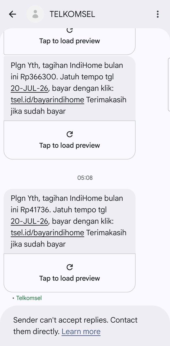 alvinlie21's tweet photo. Mohon penjelasan @Telkomsel 
Apa tujuannya kirim SMS dini hari jam 00:53 &amp;  jam 02:35 ttg tagihan Indihome yg sudah lunas terbayar.
Jatuh tempo 20 Juli.
Hari ini 28 Juli.
Jika belum lunas dibayar pasti semua sudah diblokir.
Apa urgensinya kirim SMS dini hari?
Mana etikanya? https://t.co/txI4QYIYbQ