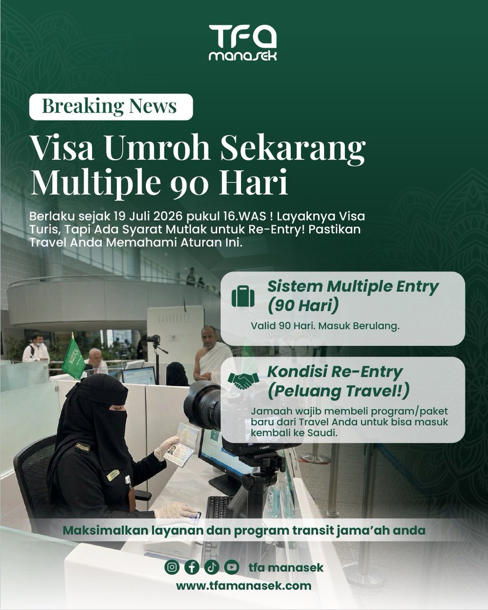 TFAmanasek's tweet photo. 🔥 BREAKING NEWS UNTUK TRAVEL UMROH!

Visa Umroh kini Multiple Entry 90 Hari 

Ini peluang baru untuk Travel! 🚀
Maksimalkan program transit, repeat journey, dan layanan tambahan dengan skema yang lebih fleksibel.

#b2bumrah #visaumrah #travelumrah #umrah2026 #tfamanasek https://t.co/Nni4P9yHIm