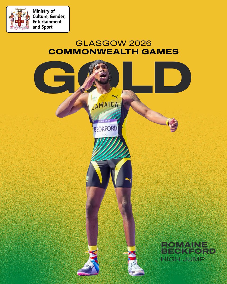 Babsy_grange's tweet photo. Romaine Beckford rises to the top! 🇯🇲🥇

Beckford soared to gold in the men’s high jump at the 2026 Commonwealth Games in Glasgow, clearing 2.25m to become Jamaica’s first Commonwealth men’s high jump champion since 1958. Congratulations on a historic achievement! https://t.co/8gVjTujZ6d