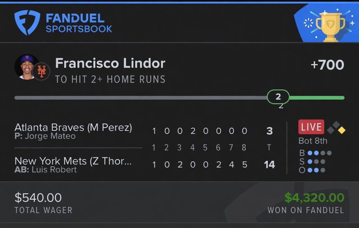 STOSHPICKS's tweet photo. Cashed a massive Lindor 2+ home runs ticket 👑🎫💰 $4.3K paid 🎉

LINK ON MY BIO https://t.co/Ldifk7Z7wP