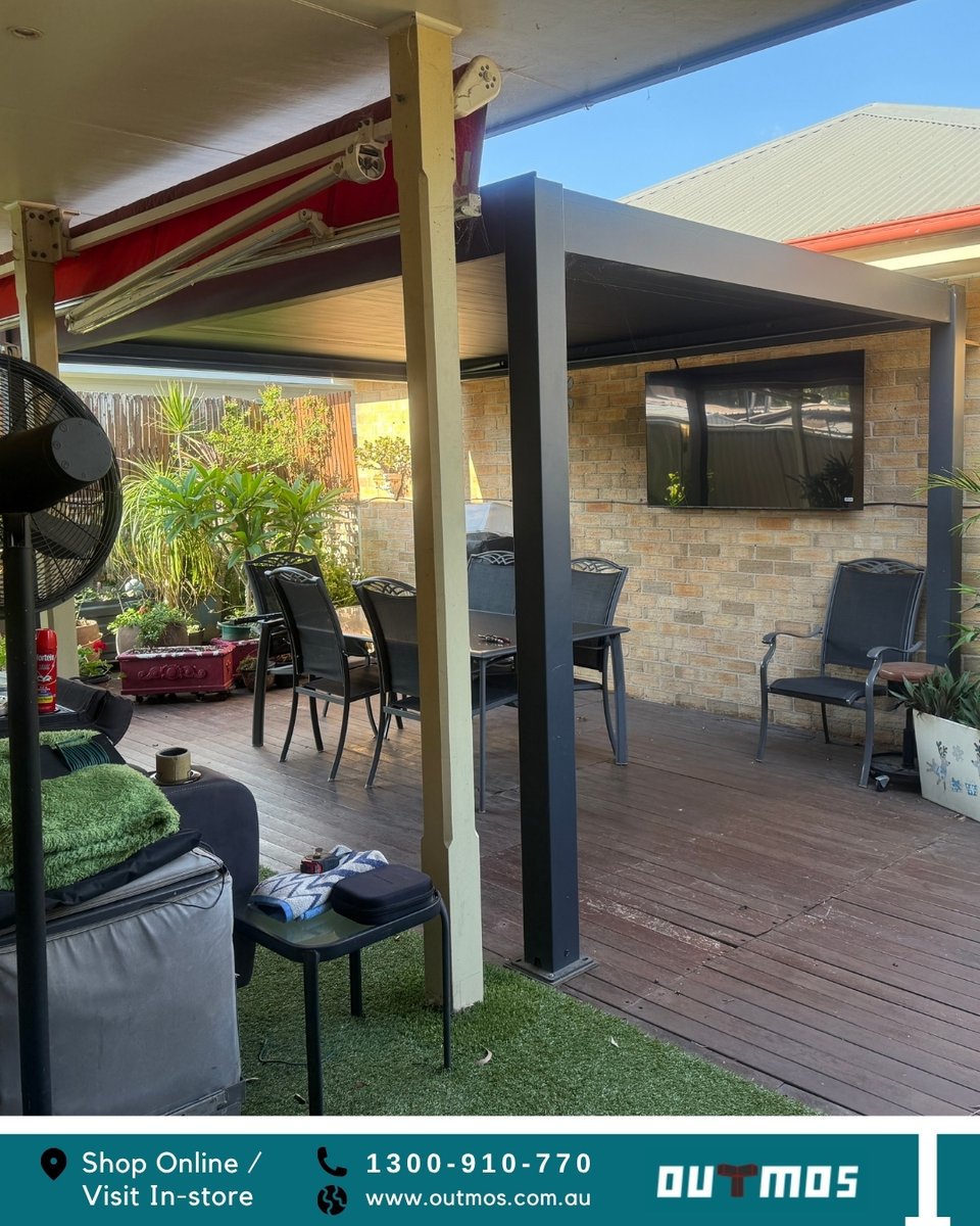 OutmosPergola's tweet photo. Outdoor TV ✅ Dining set ✅ Fan for the hot days ✅ Louvred pergola to tie it all together. 🙌

This is what a proper Aussie entertaining area looks like. Rain or shine, too hot or just right, the louvres do the work so you don't have to think about it.😌

#outmos #outmospergola https://t.co/087EILujbR