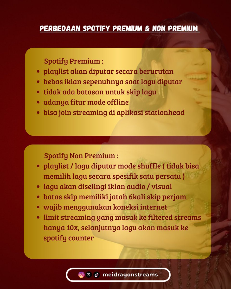 MeidragonStream's tweet photo. Spotify Premium &amp; Non Premium 🎧

Spotify Premium adalah versi berbayar dengan fitur lebih lengkap, seperti bebas iklan, download lagu, dan pengalaman mendengarkan yang lebih nyaman.

Yuk upgrade ke Spotify Premium sekarang!

#Meidra https://t.co/BT9YgkXAUq