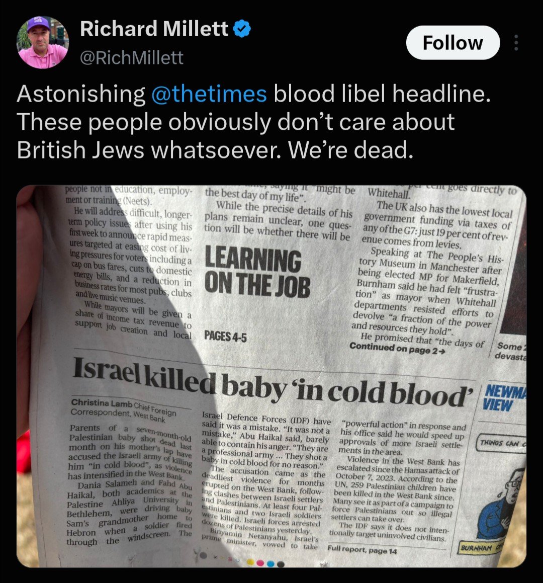 OunkaOnX's tweet photo. A 7-month-old Palestinian baby is dead. Shot on his mother's lap.

But Richard thinks Jews are the victims here

He's so deep in the victimhood that he can't see the actual victim. https://t.co/AX2kn1K1I9