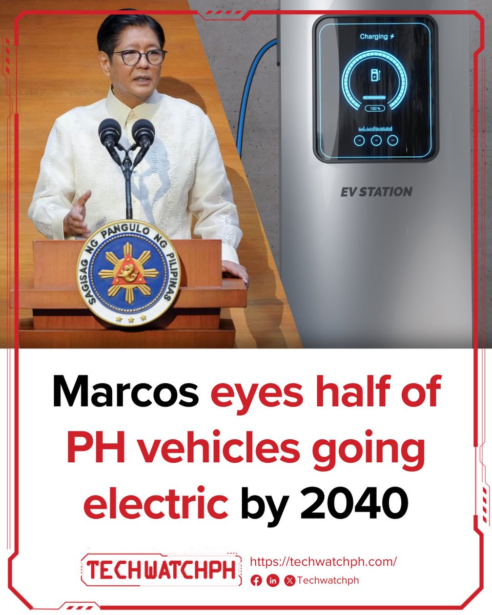 tech_watchph's tweet photo. President Ferdinand R. Marcos Jr. is aiming for electric vehicles (EVs) to make up half of all vehicles in the Philippines by 2040, as the government pushes for cleaner transportation and reduced dependence on petroleum.

#MarcosAdministration #electricvehicle #SONA2026 https://t.co/hzM0FIrox2