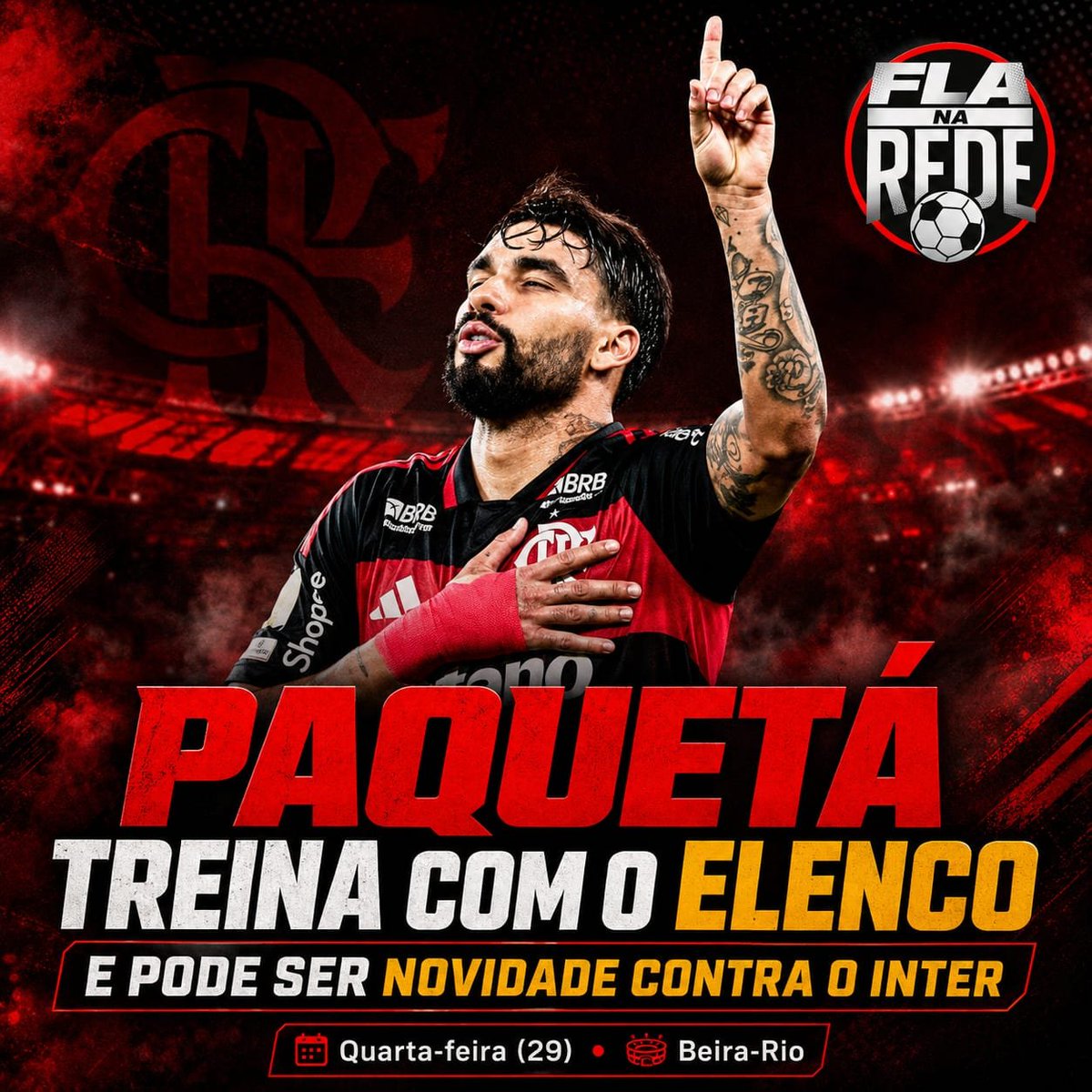 FlanaRedeof's tweet photo. 🚨 PAQUETÁ MAIS PERTO DO RETORNO!

Lucas Paquetá voltou a treinar normalmente com o elenco do Flamengo e deu mais um passo importante na recuperação. O meia agora pode ser novidade contra o Internacional, nesta quarta-feira (29), no Beira-Rio. 🔴⚫

#Flamengo #LucasPaquetá https://t.co/bdwCU07siM