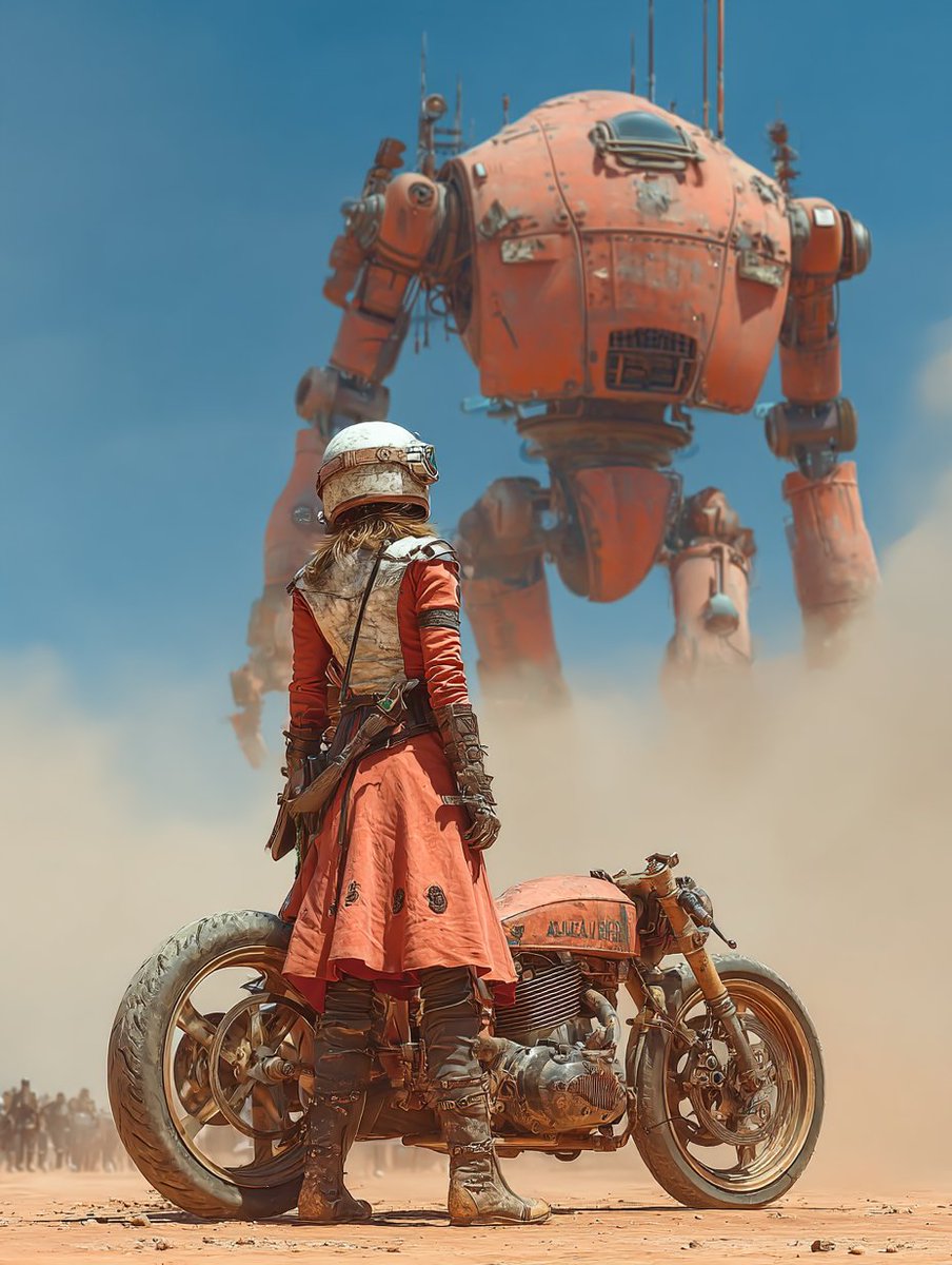 phokuinc's tweet photo. Through the wasteland, face-to-face with titans of the old world. #AIart #MidJourney #RetroApocalypse https://t.co/TbdCsDQWfh