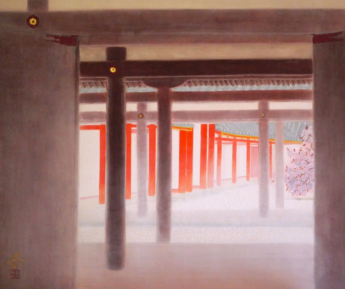 masarashin's tweet photo. 「飾り団扇と日本画展」横浜展は明日からです！よろしくお願いいたします。

 飾り団扇と日本画展   
7月29日(水）→8月3日(月）     
髙島屋横浜店7階美術画廊  

御所の庭（F8） 
開かれた扉から見えた紫宸殿の庭を描きました。「百人一首」題の飾り団扇と共に、楽しんでいただけましたら幸いです。 https://t.co/fWiPMY7ycR