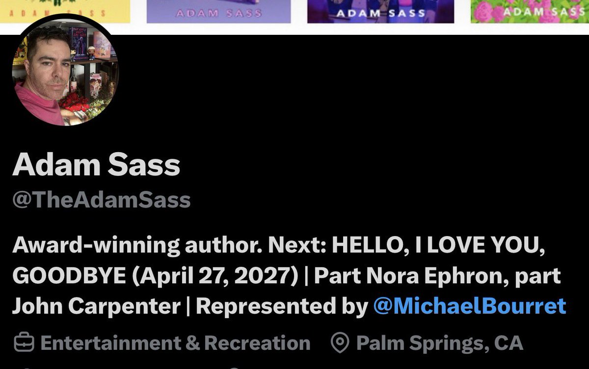 TheAdamSass's tweet photo. Bio update!

April 27, 2027 is the official release date for my next novel - HELLO, I LOVE YOU, GOODBYE

Cover coming Friday! https://t.co/Ydo5erve8j