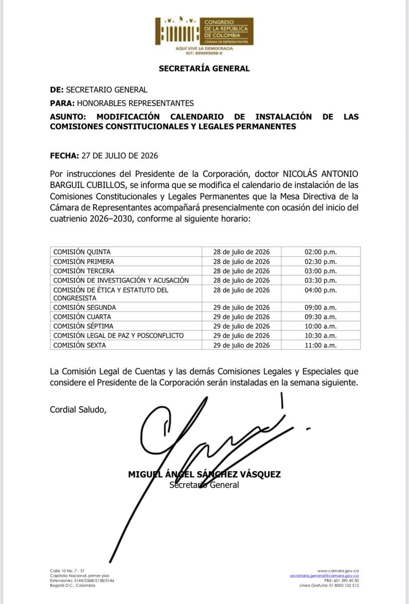 SecreCamara's tweet photo. #InformaciónImportante 🫵🏻 Por instrucción del Presidente de 
@CamaraColombia @NicolasBarguil nuevamente se modifica orden de instalación de las Comisiones Constitucionales Permanentes y Legales. https://t.co/iajSqii5Q4