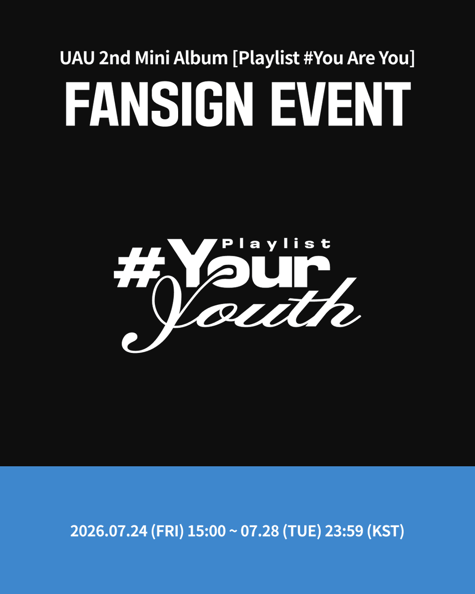 Ktown4u_main's tweet photo. [✍️] #유아유 #UAU
유아유(UAU) 2nd 미니앨범 [Playlist #Your Youth]
#케타포 대면 / 영상통화 사인회

응모 마감 ⏰D-DAY⏰

💙대면/영통 사인회 응모자 전원, 
Ktown4u 단독 셀피 특전 포토카드 하트▪아자! Ver. 
6종 중 1종 랜덤 증정 (1:1)
앨범 3장 구매시, 
Ktown4u 단독 미공개 단체 포토카드 1종 추가 증정(3:1)

💙대면/영통사인회 당첨자 전원
1. Ktown4u 단독 셀피 특전 포토카드  하트▪아자! Ver. 
6종 1세트 증정
2. 대면 /영상통화 사인회 당첨자 중 각 3명 추첨, 
친필 사인 폴라로이드 1매 증정(멤버 랜덤)

📅 2026.07.24 (금) 15:00 ~ 2026.07.28 (화) 23:59 (KST)

케이타운포유 [Ktown4u]
* Global : 🔗https://t.co/YcZWjQrRiq
* KR : 🔗https://t.co/diRLmdNkrI
* JP : 🔗https://t.co/7nDXzrlnYJ
* CN : 🔗https://t.co/4jY1nH3IIX

#유아유 #UAU
#Dreamcatcher_UAU
#2nd_Mini_Album
#Playlist #Your_Youth
#Ktown4u_event