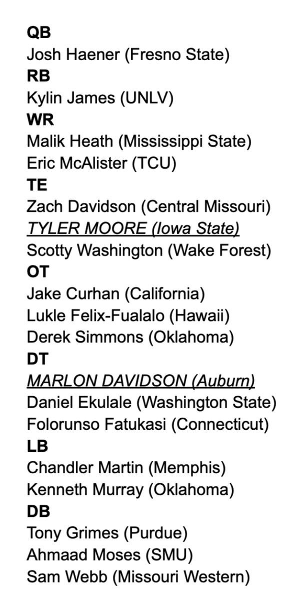 GiantInsider's tweet photo. As expected - long list of tryouts for the Giants as they set out for camp.

TE/H-Back Tyler Moore and DL Marlon Davidson were signed to complete the 90-man roster. 

◼️Moore played in a 12/13-heavy offense, finishing third on Iowa State in snaps among tight ends. He spent 62 snaps in the backfield as a fullback. He measured in just under 6'5 and weighed in at 254 pounds with slightly below average athletic testing (4.72 forty, 31" vertical, and 7.40 3-cone). 

He made himself known with his ability to block both in-line and on the move but was not used much as a receiver (21 career catches). He also played 154 snaps on special teams over his career

◼️Davidson is a more well-known player. He was a 2nd round pick by Atlanta in 2020 (a teammate of DT Derek Brown). He is an inside-out hybrid type, one can play both the five-tech/three-tech but has played just 9 snaps since the end of the 2023 season.

He two career sacks one from the outside and the one from inside was the first of his career, a take down of Tm Brady in Tampa Bay.