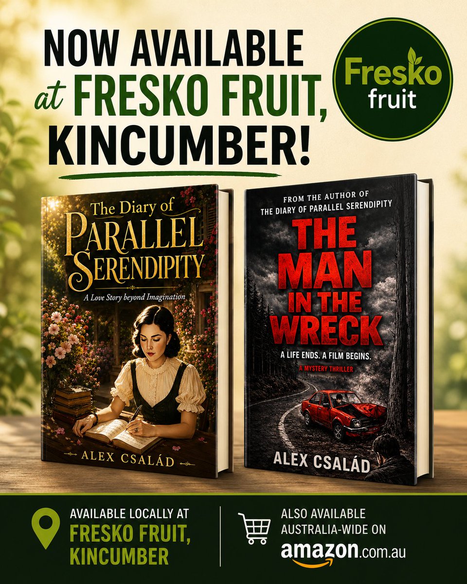 AlexCsalad's tweet photo. 📚 Now Available at Fresko Fruit, Kincumber!

Both books by local Central Coast author Alex Család are now available at Fresko Fruit, next to Coles in Kincumber Shopping Centre.
❤️ The Diary of Parallel Serendipity
and The Man in the Wreck
https://t.co/CeampT0WcP https://t.co/bUy8Xf0gIG