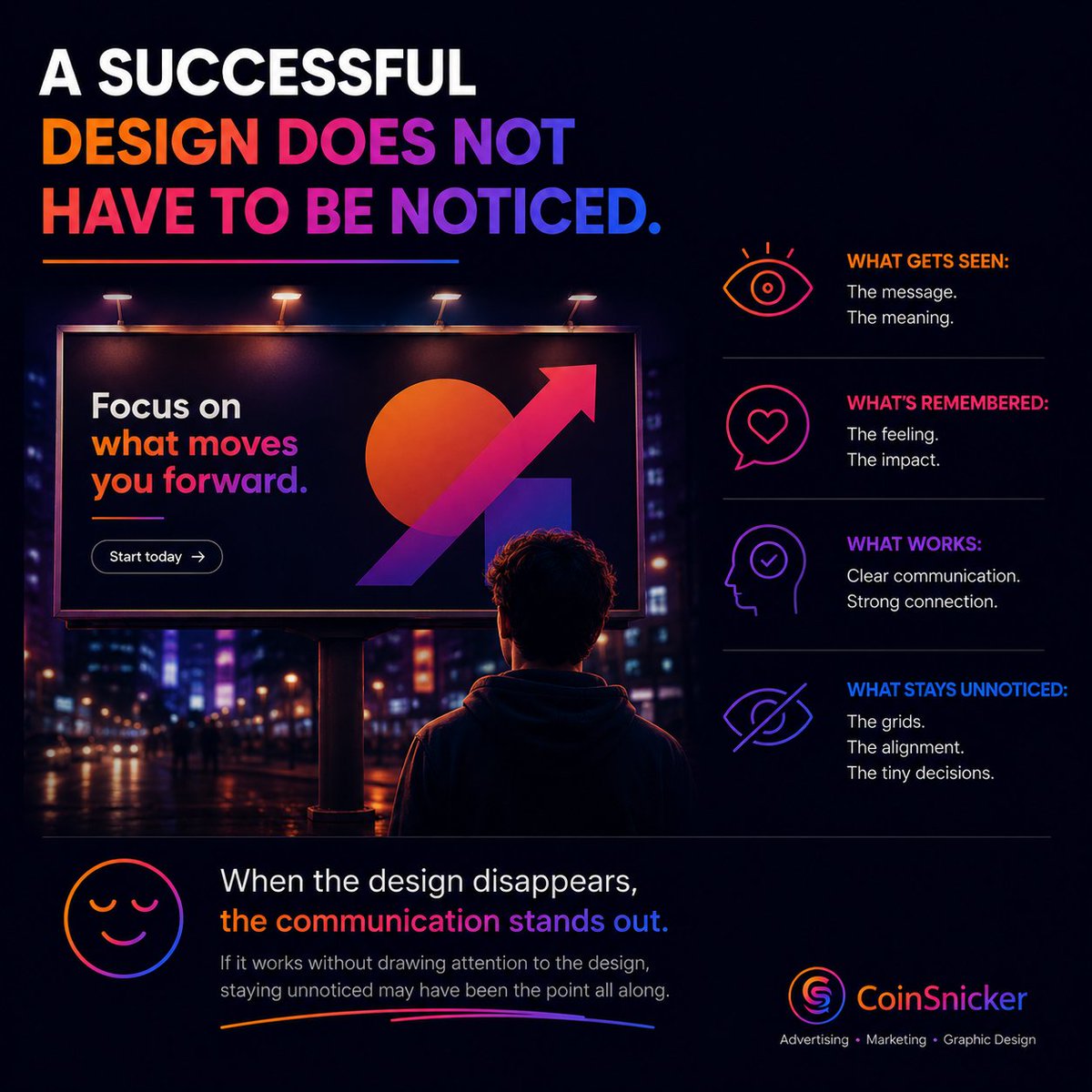 CoinSnicker's tweet photo. A successful design does not mean every decision has to be noticed.

Most of the time, what stands out is the message, not the design itself. If the communication works without drawing attention to its design decisions, staying unnoticed may have been the point all along. https://t.co/q4vIEt5aId