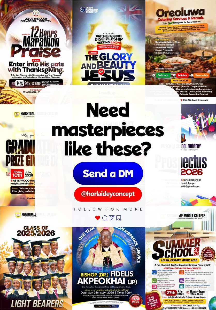 horlaidey_c's tweet photo. Need designs that stand out? ✨

From church flyers to business promos and school creatives, I create clean, professional designs that get attention and deliver results.

📩 Send a DM to @horlaidevconcept and let's bring your vision to life. https://t.co/WW9wHJbw6P