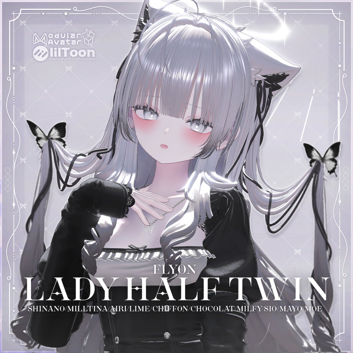Flyon_s's tweet photo. ˗ˏˋ 🦋新作髪型 『Lady Half twin』🦋ˎˊ˗

今週の木曜日販売開始の『Lady Half twin』を抽選で3名様にプレゼント🎁

参加方法：
✅@Flyon_sをフォロー& RP

📅7/24 17:00〆
BOOTHページの🤍スキ！数が
100増える度に当選者が1名増加しますˎˊ˗

商品リンクと対応アバターはリプ欄からチェックしてね✨