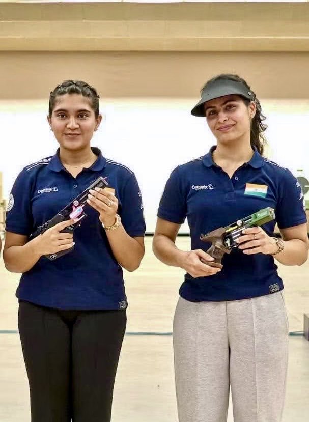 RaoRajendraBJP's tweet photo. What a proud moment! Esha Singh clinches Gold and Manu Bhaker bags Bronze in Women’s 25m Pistol at ISSF World Cup 2026.  
Your precision, focus and grit inspire a billion. Here’s to more victories ahead! 
@realmanubhaker @singhesha10 https://t.co/jOgPnQjQpH