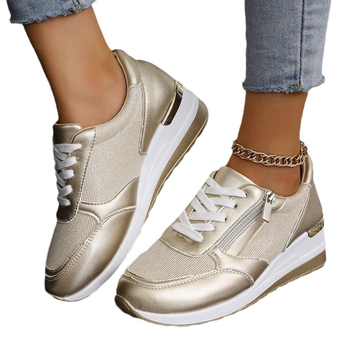 SarahExpressX's tweet photo. These wedge sneakers feature a functional side zipper and lace-up closure for a secure, adjustable fit. Available in silver, pink, and gold metallic finishes to complement your casual outfits.

#WedgeSneakers #CasualStyle #MetallicShoes...…
https://t.co/YRiDVm5U2f https://t.co/26JLNaTB71