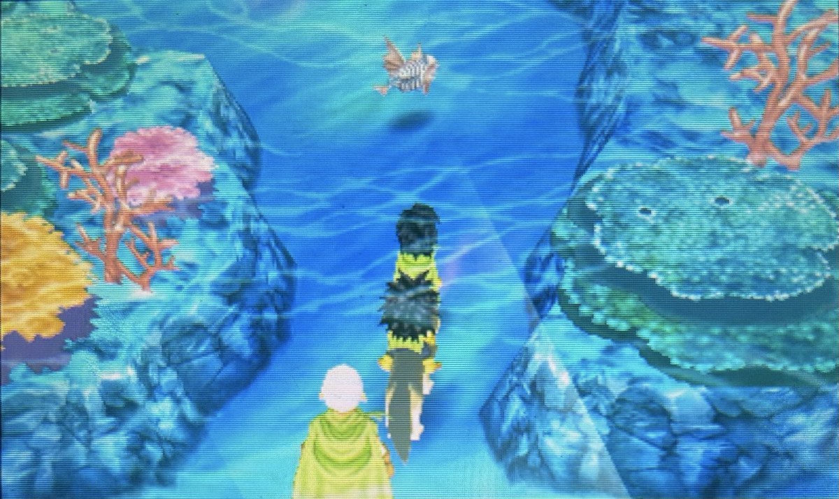 TKM20583232's tweet photo. 謎の異世界の洞くつでようかい魚を発見！

異変前の海とここ(サンゴの洞くつエリア)で低確率で出現するモンスター、
PS版のときに最序盤でこのモンスターにあって危うく全滅しそうになった思い出があります。 https://t.co/2HRL45tJzq