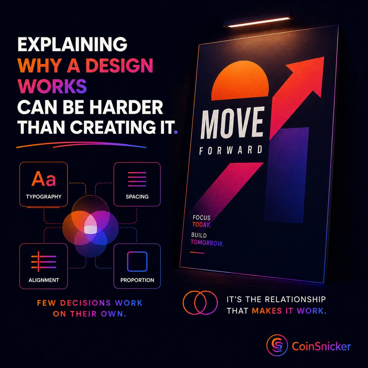 CoinSnicker's tweet photo. Explaining why a design works can be harder than creating it.

Because few design decisions work on their own. Typography, spacing, alignment, and proportion create meaning together. More often than not, it is the relationship between decisions that makes a design work. https://t.co/TOkJ8phGF5