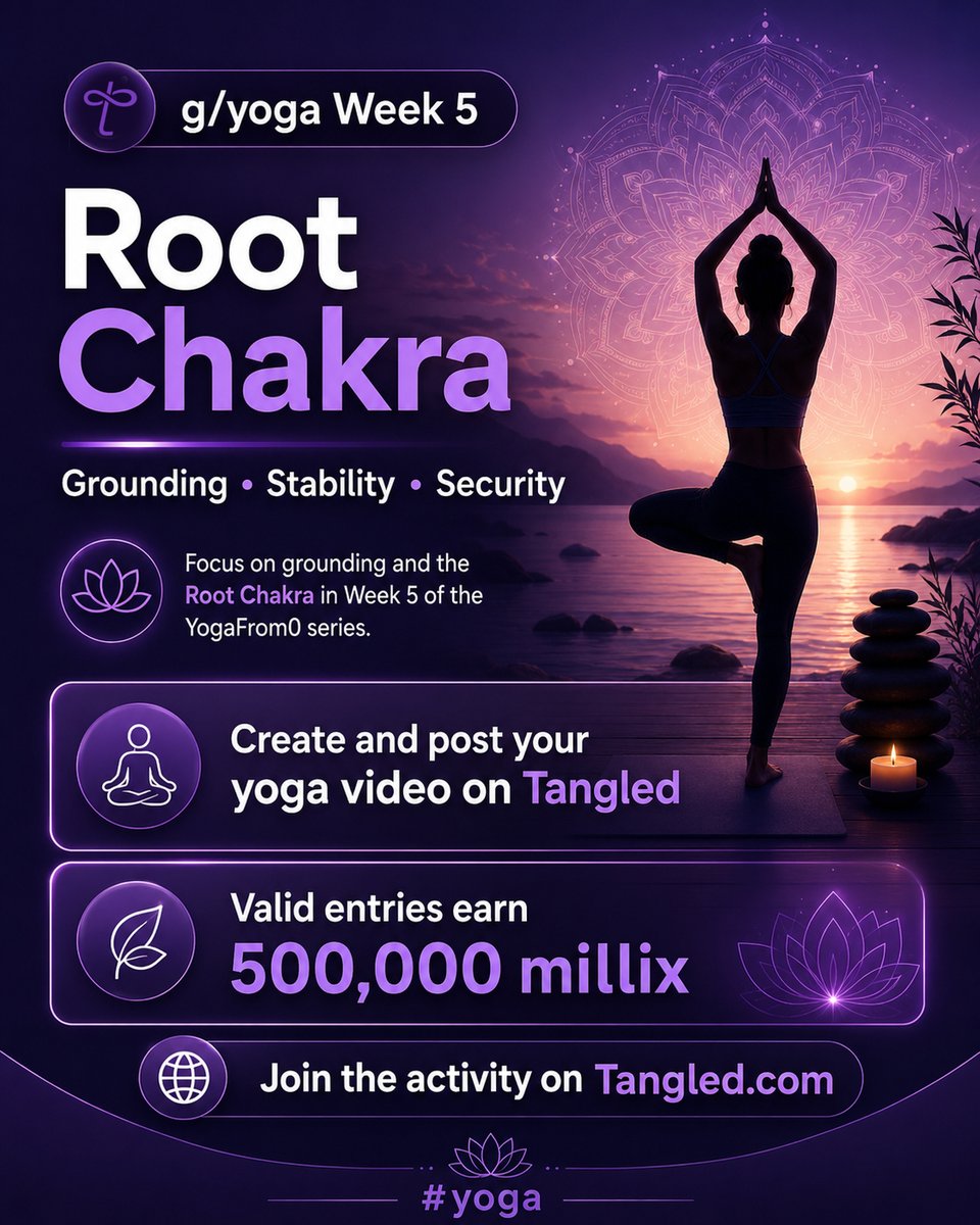 tangled_com's tweet photo. 🧘 Week 5 of #YogaFrom0 is live on Tangled!

This week’s #yoga activity hosted by @ubiq72 focuses on the Root Chakra with a simple practice for grounding and stability. Record your video, follow the entry steps, and valid entries will #earn 500,000 millix. 🌿

Join here:
 https://t.co/ZCsUajrNJJ

#yoga