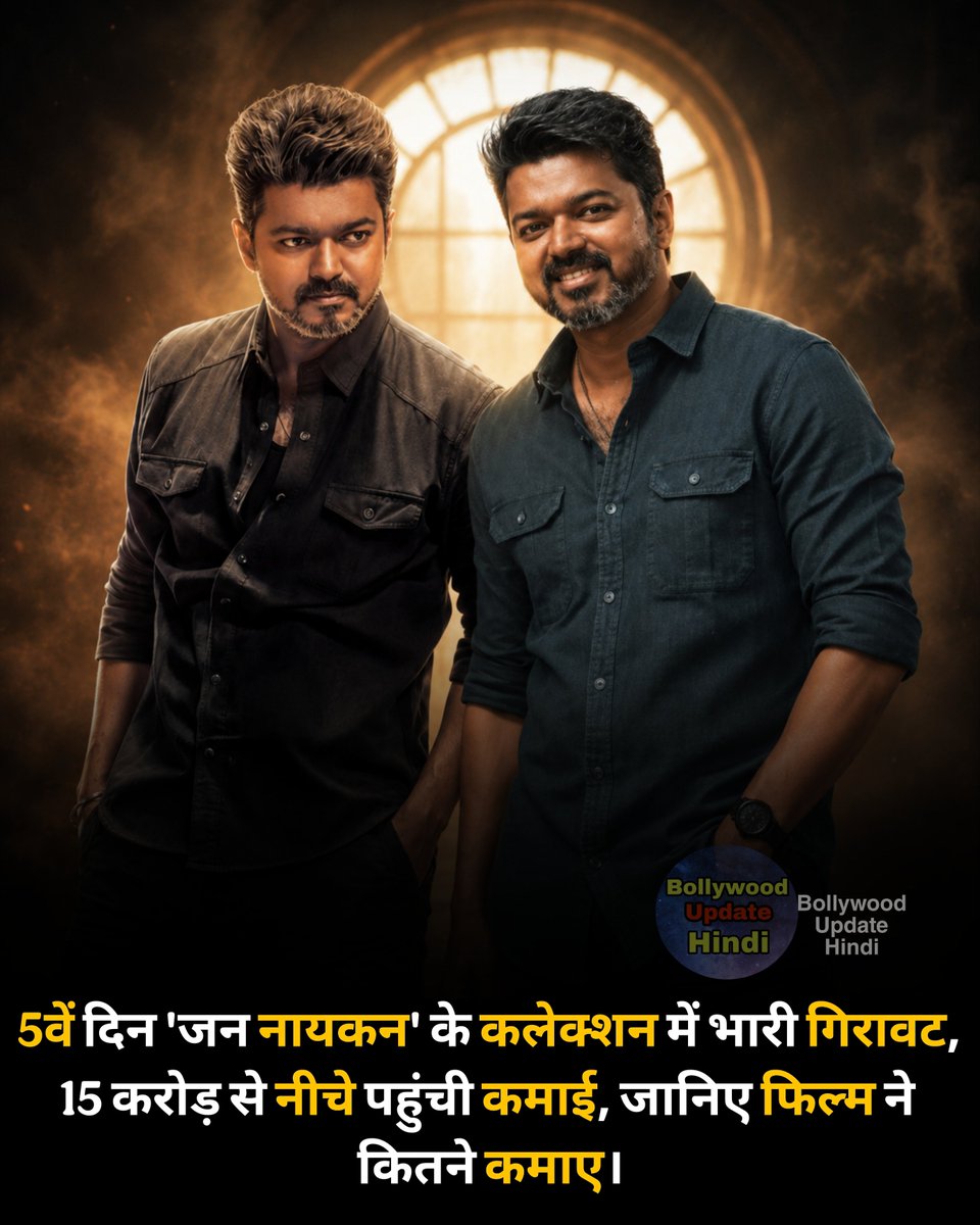 bollywooduphi's tweet photo. #JanaNayagan #BoxOfficeCollection 
जन नायकन थलापति विजय की आखिरी फिल्म है। यह फिल्म पहले ही रिलीज़ होने वाली थी, लेकिन सेंसर बोर्ड से सर्टिफिकेट न मिलने की वजह से लंबे समय तक अटकी रही। अब फिल्म सिनेमाघरों में रिलीज़ हो चुकी है। रिलीज़ होते ही इसने बॉक्स ऑफिस पर धूम मचा दी है और लगातार शानदार कमाई कर रही है। हालांकि, पांचवें दिन फिल्म की कमाई में भारी गिरावट देखने को मिली है। फिल्म का कलेक्शन 15 करोड़ रुपये से नीचे पहुंच गया है।

रिपोर्ट के मुताबिक, जन नायकन ने पहले दिन 42.70 करोड़ रुपये, दूसरे दिन 21.15 करोड़ रुपये, तीसरे दिन 28.90 करोड़ रुपये और चौथे दिन 32 करोड़ रुपये की कमाई की थी। वहीं, पांचवें दिन फिल्म ने 10.15 करोड़ रुपये का कलेक्शन किया है। हालांकि, इस गिरावट के बावजूद फिल्म बड़ी हिट बनने की दिशा में आगे बढ़ रही है। पांच दिनों में फिल्म ने घरेलू बॉक्स ऑफिस पर कुल 134.90 करोड़ रुपये की कमाई कर ली है।

क्या जन नायकन 300 करोड़ रुपये का आंकड़ा पार कर पाएगी?