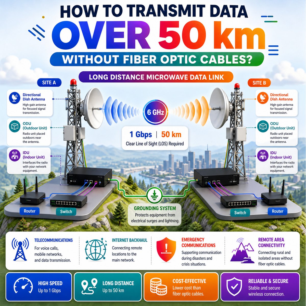 CiscoSwitchs's tweet photo. How do you transmit 1 Gbps of data over 50 km WITHOUT fiber optics? 📡🏔️

The answer: Long Distance Microwave Data Links!

With a clear Line of Sight (LOS) and directional antennas, you can build a secure, cost-effective backhaul for remote sites. Just pair the indoor unit (IDU) with a high-performance Network Switch and Router! ⚡

#Networking #NetworkEngineering #SysAdmin #ITInfrastructure #WirelessNetwork #TechTips