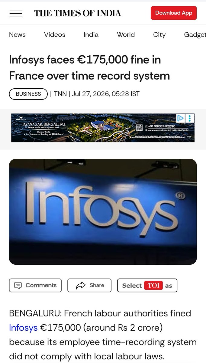 clifroz's tweet photo. Infosys fined €175,000 by French labour authorities as its employees working time recording system is found to be non-compliant with the country's labour law requirements. It's a statutory 35-hour workweek in France btw.
#NarayanaMurthy #70hrWorkWeek #worklifebalance https://t.co/ja56UTpevE