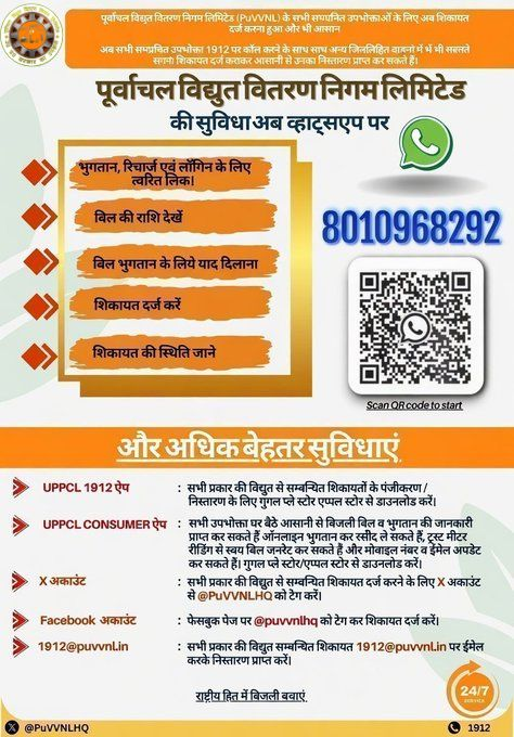 puvvnlvaranasi's tweet photo. #PowerUpdate #VidyutSuchna #PowerOutage #ScheduledShutdown #ElectricityUpdate #Varanasi #PowerForAll #ConsumerService #NirbadhVidyut
जनपद वाराणसी के सभी सम्मानित विद्युत उपभोक्ता क्या आप जानते है कि अब बिजली से सम्बन्धित शिकायत दर्ज करना हुआ पहले से और भी आसान अब सभी सम्मानित उपभोक्ता हमारे टोल फ्री नंबर📞1912 पर कॉल करने के साथ-साथ अन्य निम्नलिखित माध्यमों से भी घर बैठे अपनी शिकायत दर्ज कराकर आसानी से उनका निस्तारण प्राप्त कर सकते हैंI
@UPPCLLKO @PuVVNLHQ @aksharmaBharat
@AKSharmaOffice @ChairmanUppcl @mduppcl