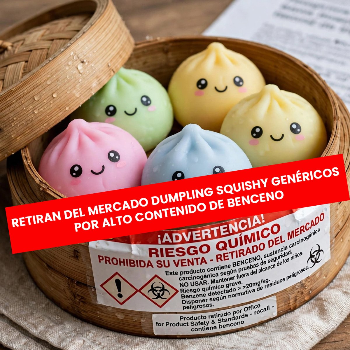 ConCausaMX's tweet photo. Retiran los Dumpling Squishy genéricos del mercado: detectaron 20 mg/kg de benceno (cancerígeno Grupo 1) en su superficie. Hecho en China, sin lote ni código de barras. Causa irritación y malestar; exposición prolongada eleva riesgo de leucemia. Comparte con otros padres. https://t.co/krd5xEcmyc