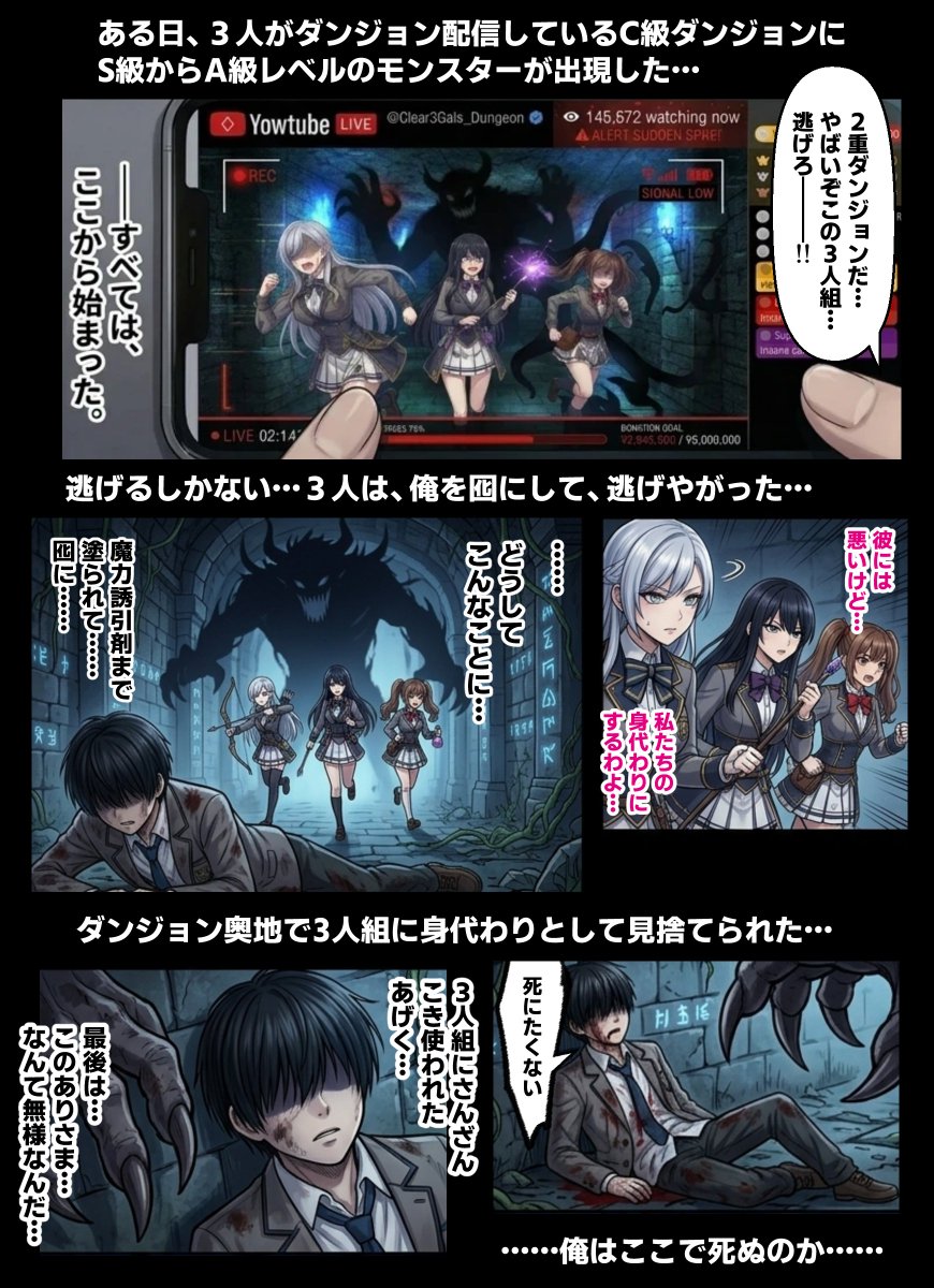 O_O_H_Comics's tweet photo. ダンジョン配信者に転生した俺、視聴者リクエストで清楚ギャル3人組を完全堕ちさせる話～投げ銭額に応じてエロ指令が現実化する復讐調教配信～

8月発売予定

最弱から無双（予定）のダンジョン配信者の、
前代未聞の復讐＆制裁アクション開幕！

現代の陰キャ弱男・影森零は、異世界転生後も底辺Fランクとして、いじめっ子清楚ギャル3人組に毎日散々虐げられる日々を送っていた。

ある日ダンジョン内で覚醒した「視聴者リクエスト報酬システム」。  
投げ銭額が高いほど、視聴者からのエロ指令（Mission）が即座に現実化するというチート能力を手に入れ、零は復讐の牙を剥く。

ターゲットは��向きは完璧優等生の清楚3Gals——  
白峰凛花（ツンデレ弓使い）、星乃澪（ドS魔法使い）、桜井みう（ドジっ子ヒーラー）の3人。

しかし彼女たちの本性は  
・イケメン勇者に貢ぎまくるホス狂ビッチ  
・ファンを食い物にするクズ地下アイドル  
・金持ちイケオジと不倫するパパ活NTR女  

零は配信画面上では冷徹なダークヒーロー「シャドウナイト」（暴露配信時のAIアバター）へと変身。  
現実では自ら影から3Galsを支配しながら、彼女たちを公開調教し、性奴隷へと堕としていく。
