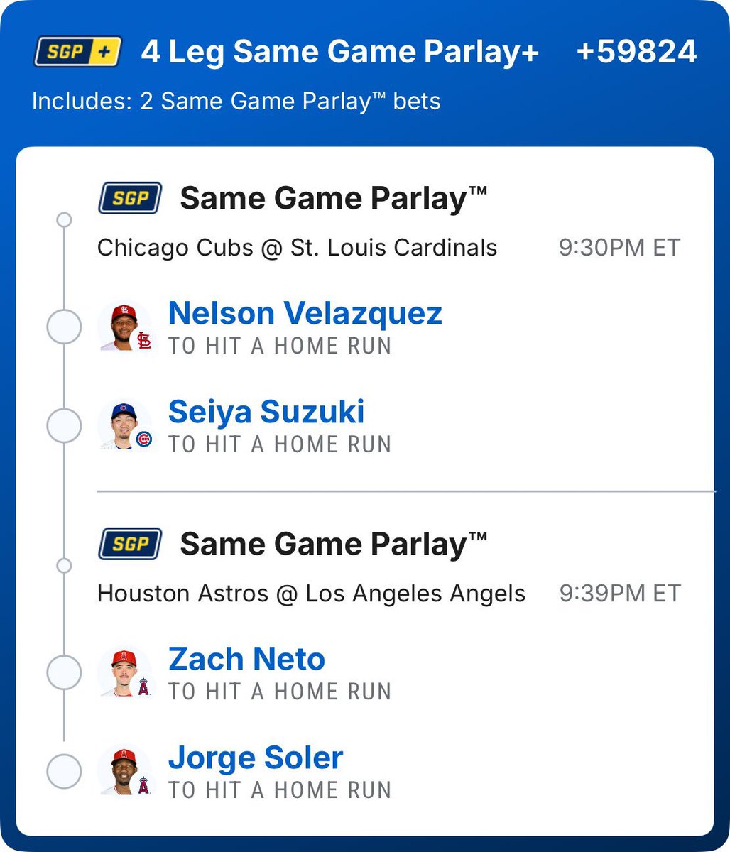 Jamesy3st's tweet photo. 4-Leg Same Game Parlay (+59824) loaded. 💰
🔥 Nelson Velázquez HR
🔥 Seiya Suzuki HR
🔥 Zach Neto HR
🔥 Jorge Soler HR
One swing can change everything... who's cashing with me tonight? 👀💸
#MLB #HomeRun  #Parlay #Baseball #BettingTwitter #MLBPicks #GamblingX #ViralHashtag https://t.co/4hZb6PRQOi