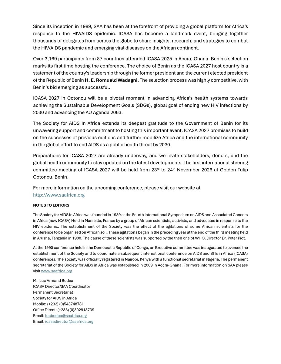 CentreCsma's tweet photo. On the sidelines of @iasociety #AIDS2026, the Society for AIDS in Africa (@Saafricango) announced that #Benin will host the ICASA conference in 2027. https://t.co/nxNg5Cfw26