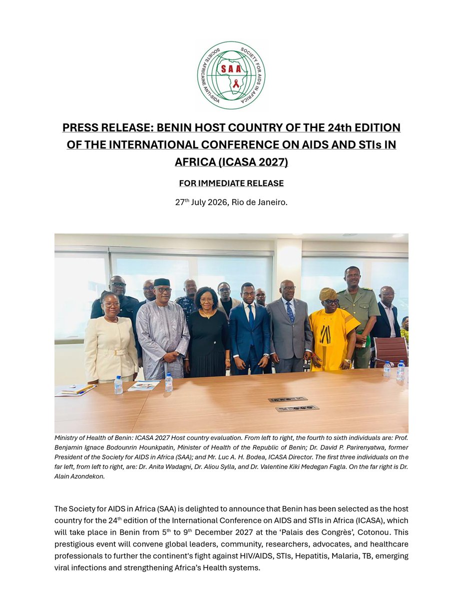 CentreCsma's tweet photo. On the sidelines of @iasociety #AIDS2026, the Society for AIDS in Africa (@Saafricango) announced that #Benin will host the ICASA conference in 2027. https://t.co/nxNg5Cfw26