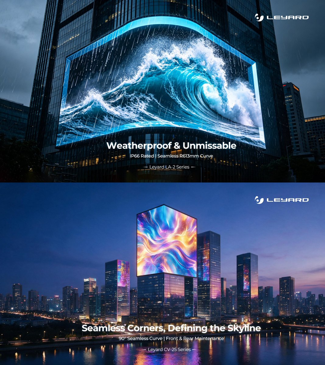 Leyard_int's tweet photo. Reshaping Visions! 🚀 Leyard's all-scenario displays: indoor curved LED, ultra-light rental, weatherproof outdoor. See the full lineup. #Leyard #CreativeDisplay #LEDDisplay #VisualInnovation https://t.co/cCE9kHXWXy