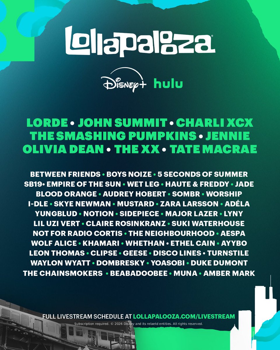 DisneyPlusMY's tweet photo. Now that's a lineup. 🤩

Stream #Lollapalooza LIVE on #DisneyPlusMY from 31 July - 3 Aug. https://t.co/R5NzYrVgAm