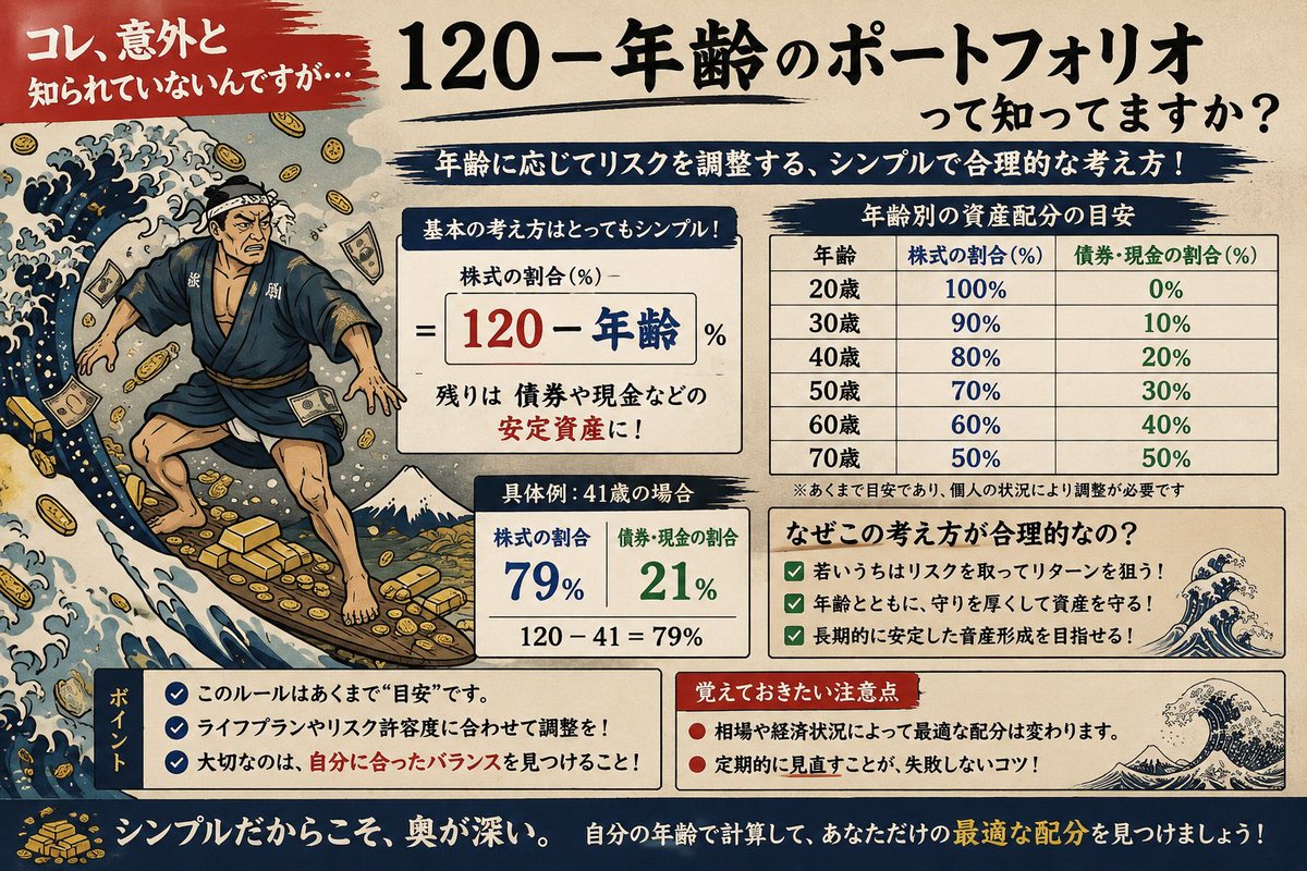 Firemin777's tweet photo. コレ意外と知られてないんですが120➖年齢ポートフォリオって知ってますか？😇
ちなみに私のポートフォリオの株式は8割前後です😎
皆さんのポートフォリオはどうですか？ https://t.co/3JSzl4BpxH