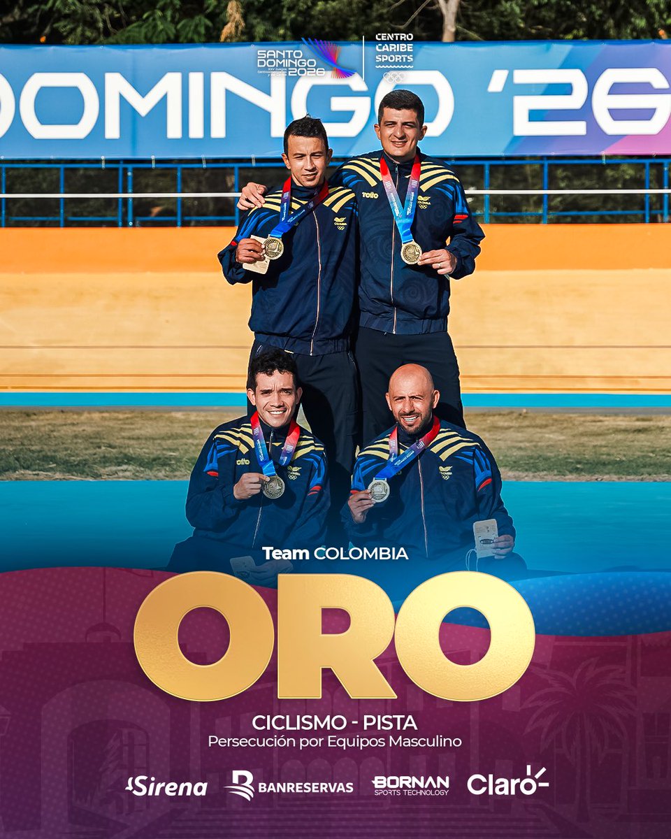 SDQ2026's tweet photo. ¡DOBLE ORO PARA COLOMBIA! 🔥🇨🇴🚴‍♀️🚴‍♂️

El ciclismo de pista colombiano impuso su ley en el velódromo y se queda con el máximo galardón en ambas ramas de la Persecución por Equipos. 🥇🥇

🥇 Equipo Femenino:
👑 Isabel Castaño
👑 Lina Hernández
👑 Camila Valbuena
👑 Luciana Osorio

🥇 Equipo Masculino:
👑 Brayan Sánchez
👑 Bryan Gómez
👑 Juan Arango
👑 Jordan Parra

¡Potencia, velocidad y coordinación perfecta! Felicidades a los campeones. 👏✨

#SantoDomingo2026 #JuegosDelCentenario #CiclismoDePista