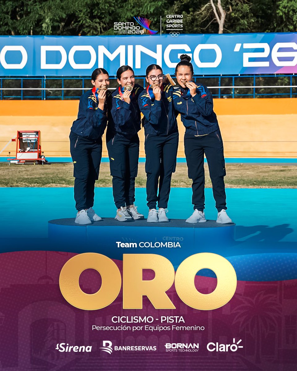 SDQ2026's tweet photo. ¡DOBLE ORO PARA COLOMBIA! 🔥🇨🇴🚴‍♀️🚴‍♂️

El ciclismo de pista colombiano impuso su ley en el velódromo y se queda con el máximo galardón en ambas ramas de la Persecución por Equipos. 🥇🥇

🥇 Equipo Femenino:
👑 Isabel Castaño
👑 Lina Hernández
👑 Camila Valbuena
👑 Luciana Osorio

🥇 Equipo Masculino:
👑 Brayan Sánchez
👑 Bryan Gómez
👑 Juan Arango
👑 Jordan Parra

¡Potencia, velocidad y coordinación perfecta! Felicidades a los campeones. 👏✨

#SantoDomingo2026 #JuegosDelCentenario #CiclismoDePista
