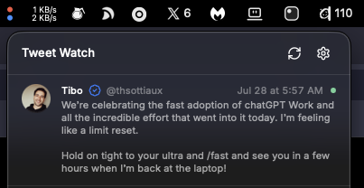 hackthisway's tweet photo. @thsottiaux lol, I built a menu bar app with a sound alert so that I miss nothing from @thsottiaux https://t.co/aXMpFcx3Uy