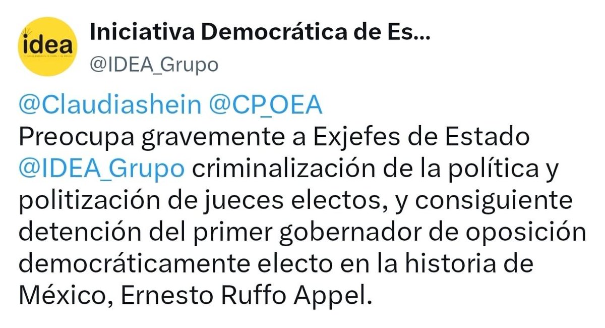 MLopezSanMartin's tweet photo. 25 expresidentes respaldan a Ernesto Ruffo

Integrantes del @IDEA_Grupo calificaron su detención como una presunta persecución política y alertaron por la criminalización de la oposición

También cuestionaron la reforma judicial y el Estado de derecho en México https://t.co/F9EC7jAkTq